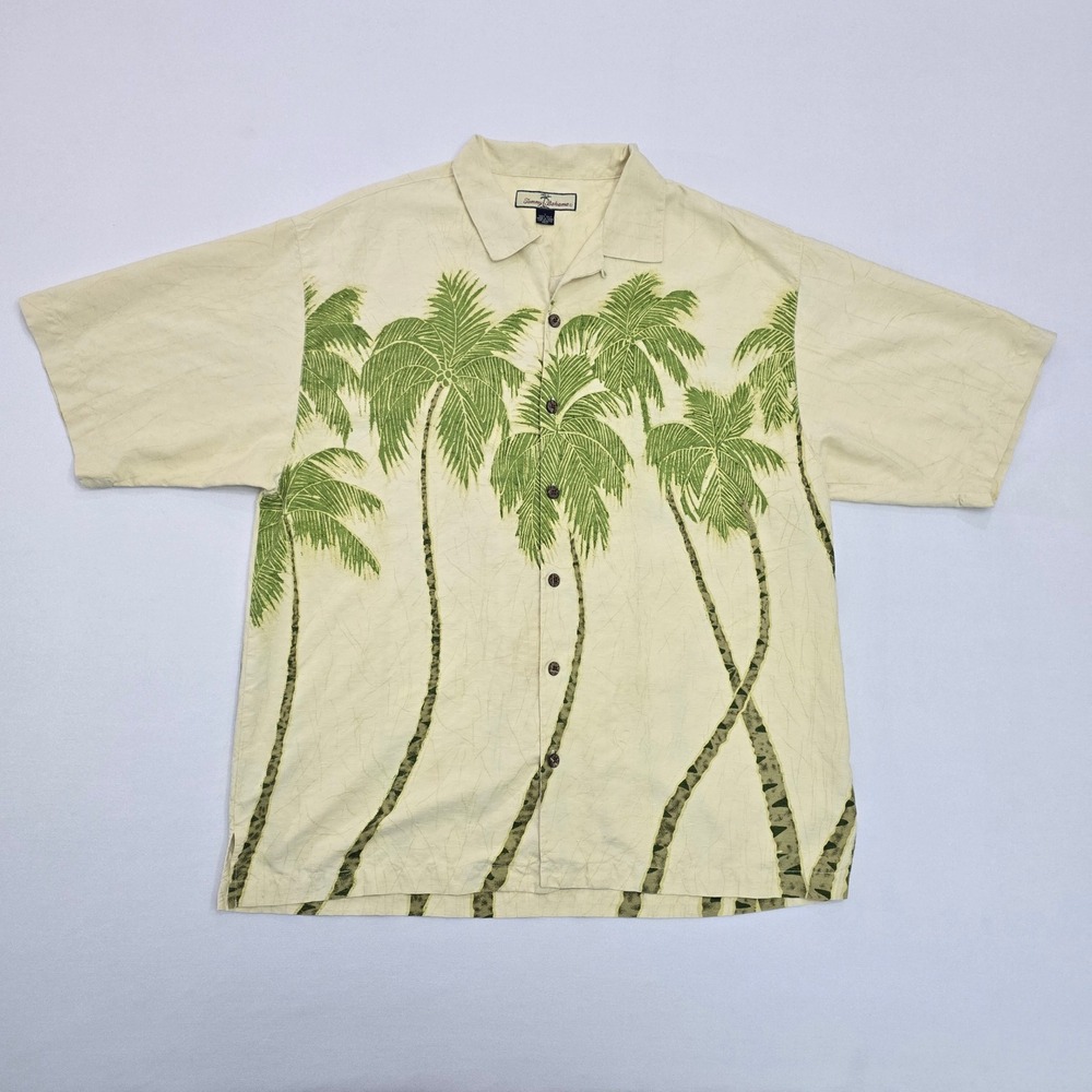 Tommy Bahama Mens Large Silk Palm Tree Print Button Down Shirt Cream Green L